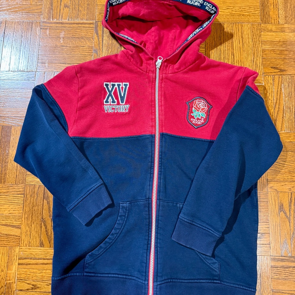 English Rugby Red and Blue Hooded Sweatshirt with Full-Zip and Sporty Design